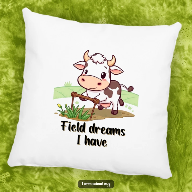 Funny cow pillow featuring a determined smiling character plowing a small field, offering soft comfort and humorous farm-themed decor.