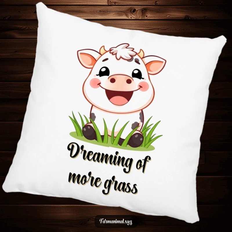 Funny Cow Pillow featuring a close-up of a cow's wide, happy grin while it munches on vibrant green grass, offering plush comfort.