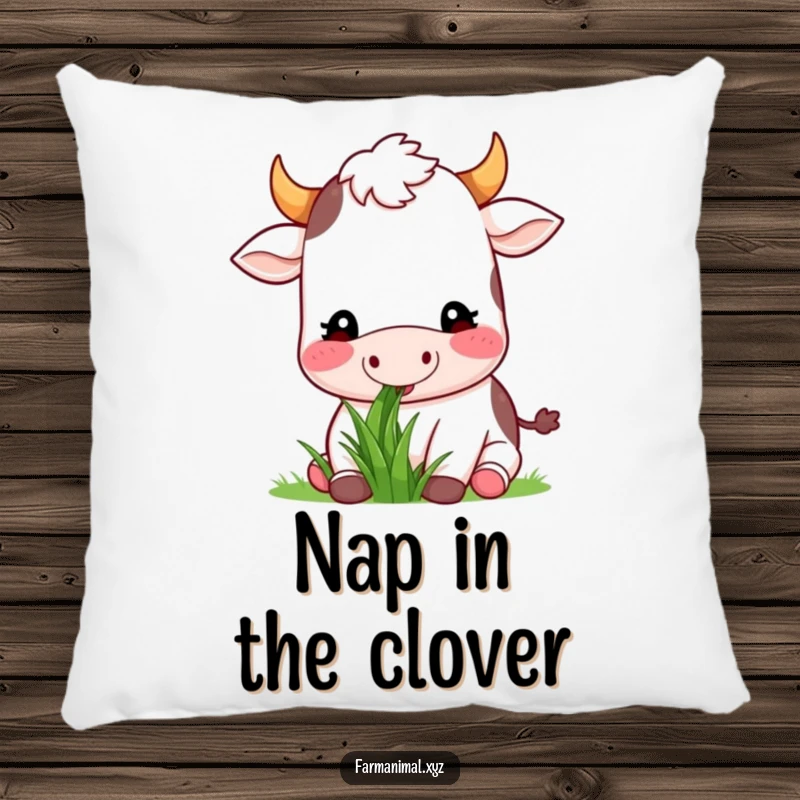 Funny happy cow munching contentedly on grass, depicted on a plush pillow, offering humorous and calming farm animal comfort.