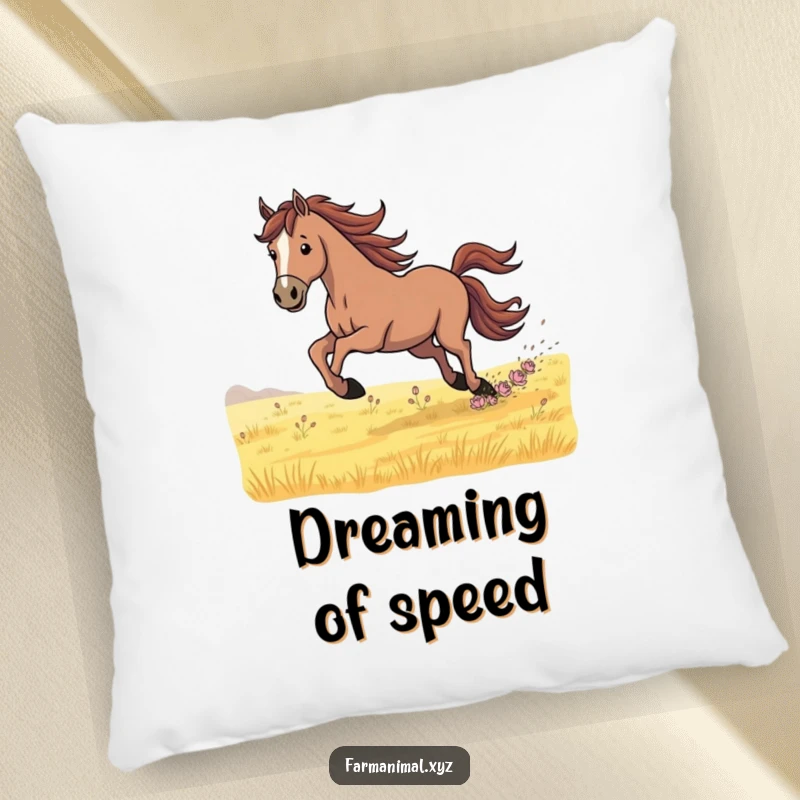 Funny Pillow featuring a determined horse galloping across a field, offering a comfortable and inspiring equestrian-themed accent for any room.