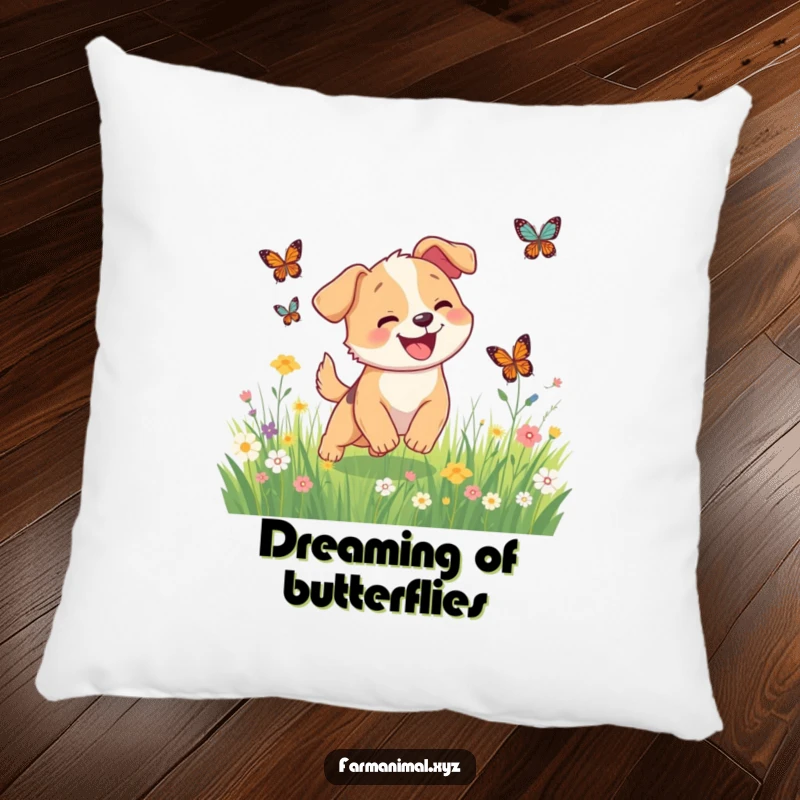 Funny happy dog chasing butterflies on a pillow, a soft and humorous accent for any room.