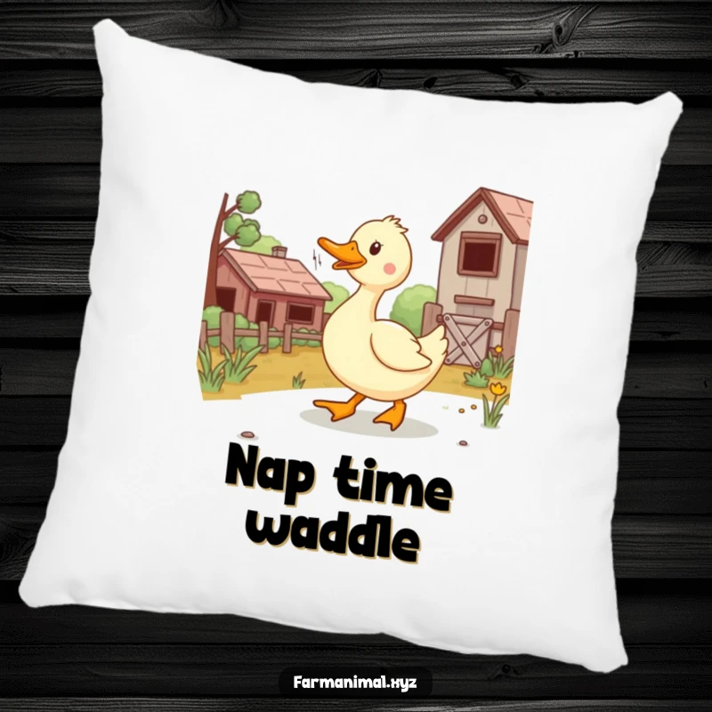 Funny duck waddling with a heartwarming expression on a soft pillow, adding farmyard charm and humor.