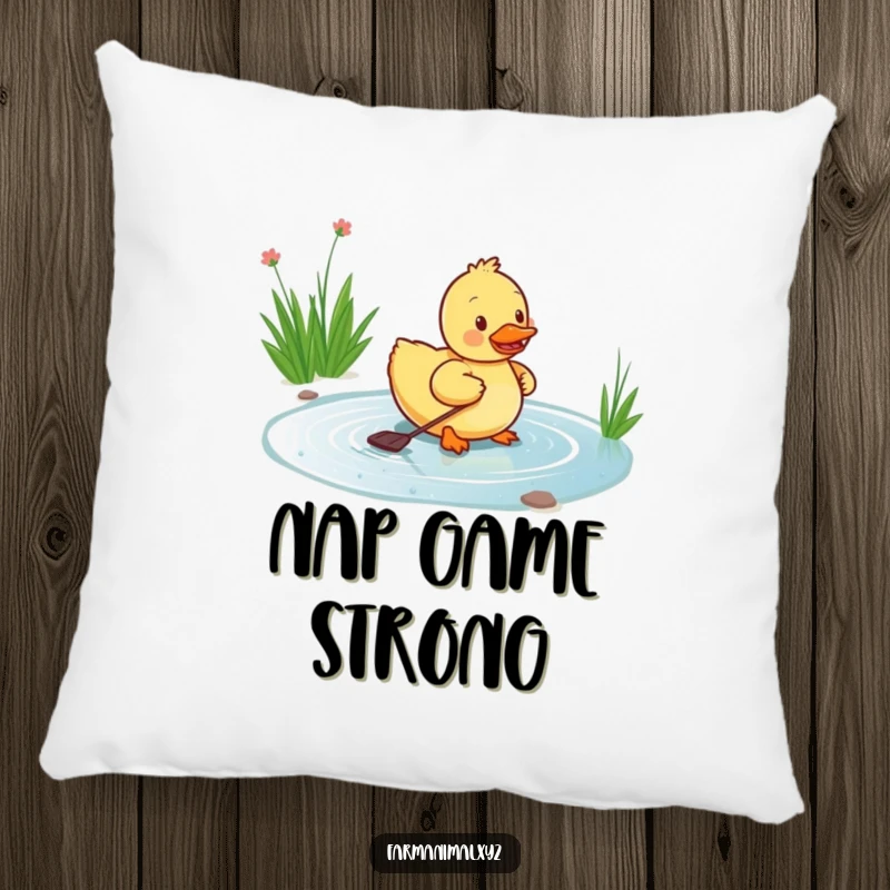 Funny duckling pillow featuring a happy duckling paddling energetically in a pond, providing soft comfort with a cheerful and whimsical theme.