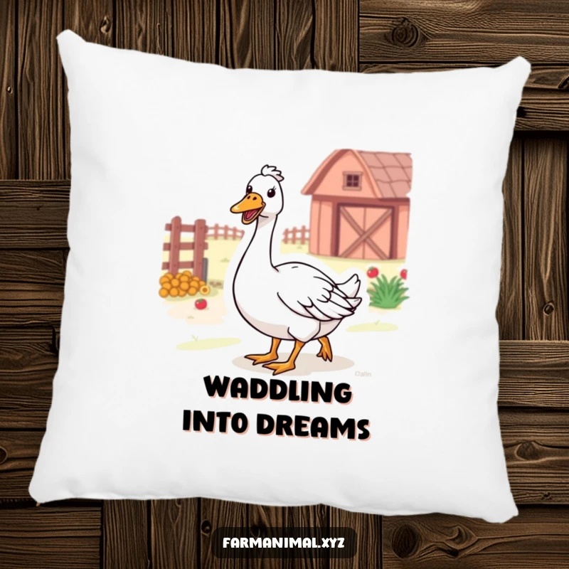 Funny Farm Goose Pillow with a happy goose honking while waddling through the farm, soft and amusing.