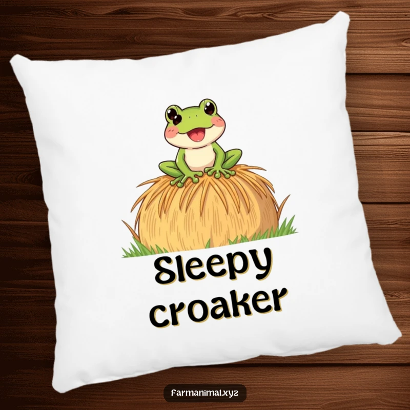 Funny Frog Pillow showcasing a playful frog croaking loudly on a hay bale, offering decorative comfort and a touch of humorous farm sound.