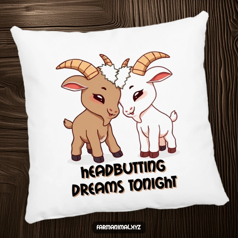 Funny goats butting heads on a pillow, a soft and humorous decorative accent for any space.