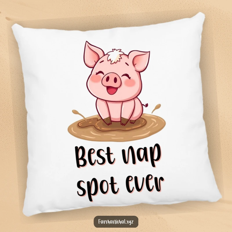 Funny Happy Pig Mud Pillow with a happy pig wallowing in mud, offering humorous comfort and rustic charm.