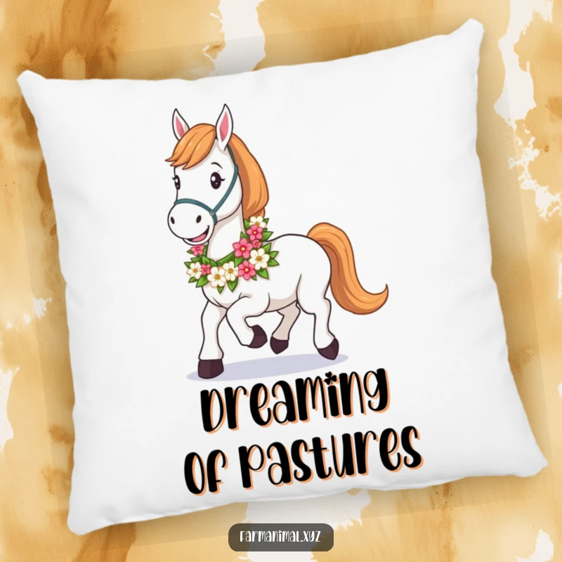 Funny Horse Pillow with a happy horse adorned by a beautiful floral garland, perfect for adding cozy charm and laughter.