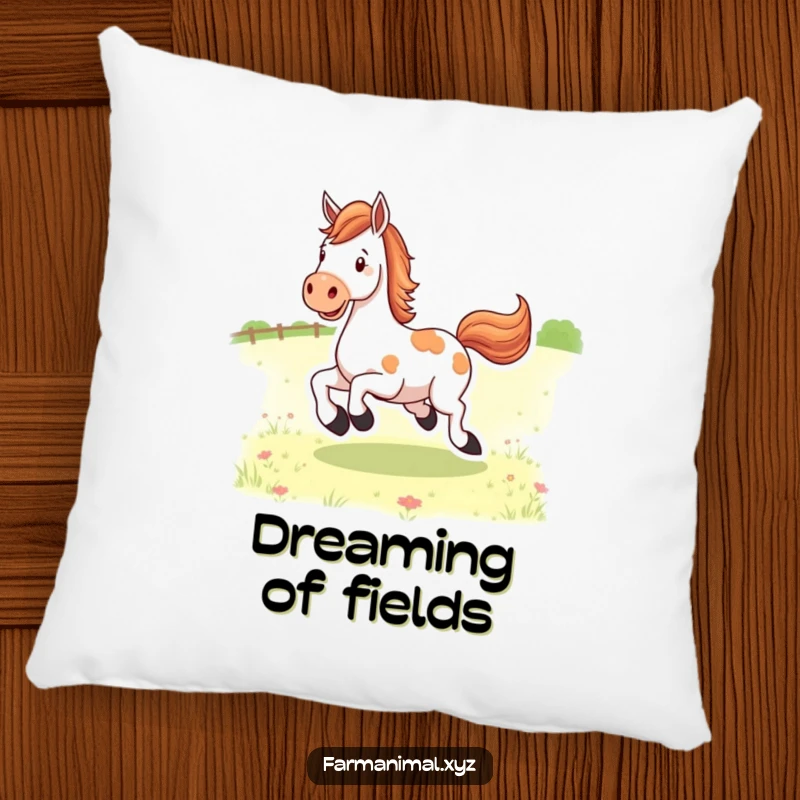 Funny happy horse character kicking its heels in a pasture, a soft and decorative pillow for any room.