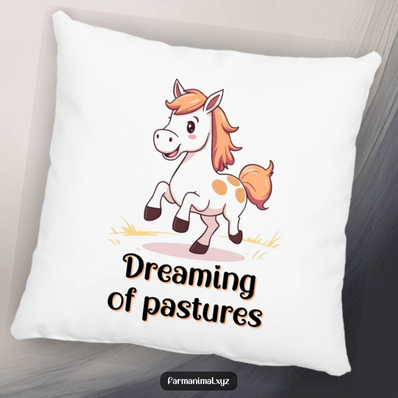 Funny Horse Pillow with a smiling horse kicking up its heels in a pasture, soft and amusing.