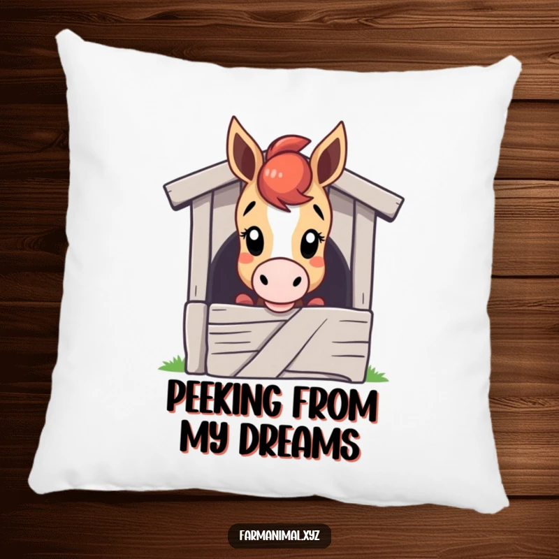 Funny horse pillow featuring a curious horse character peeking over a stable door, offering comfort and a touch of equine curiosity.