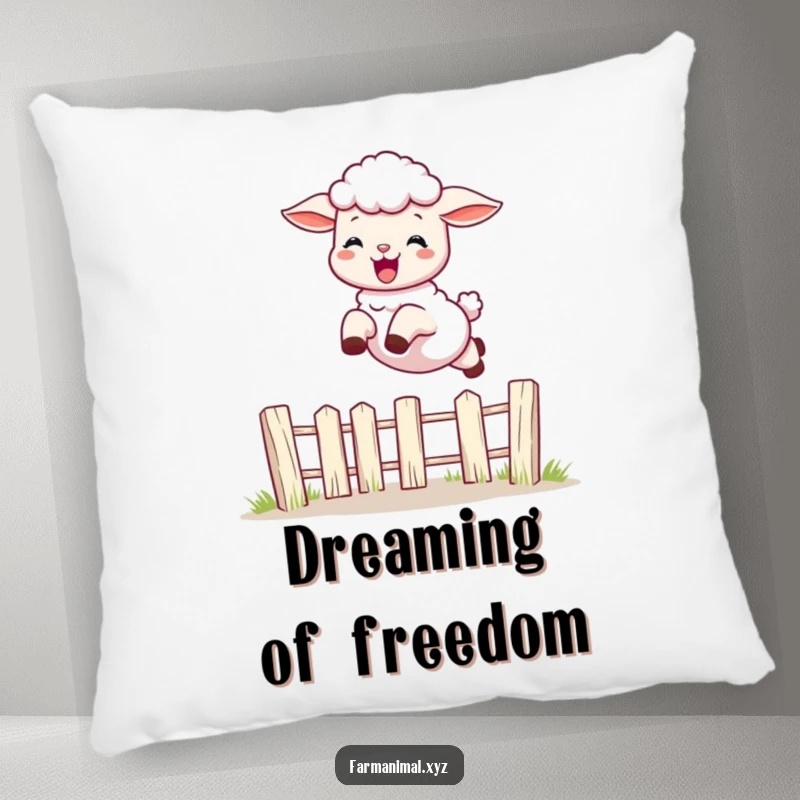Funny playful lamb leaping over a fence, depicted on a plush pillow, offering humorous and comforting farm animal charm.
