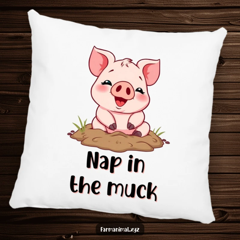 Funny cheerful piglet joyfully covered in mud, depicted on a plush pillow, offering humorous and cuddly farm animal comfort.