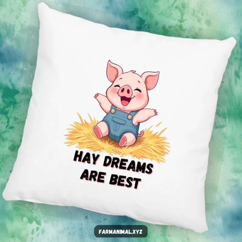 Funny piglet pillow featuring a happy piglet wearing overalls, blissfully rolling in hay, bringing cozy comfort.