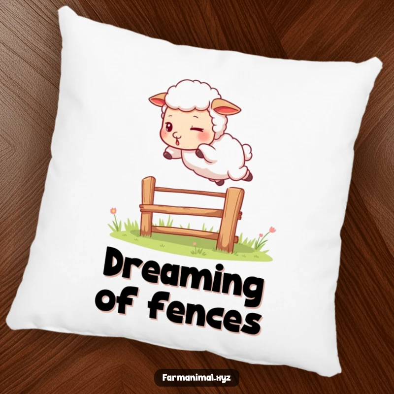 Funny sheep pillow featuring a determined sheep jumping a fence, providing soft comfort with a humorous and spirited farm theme.