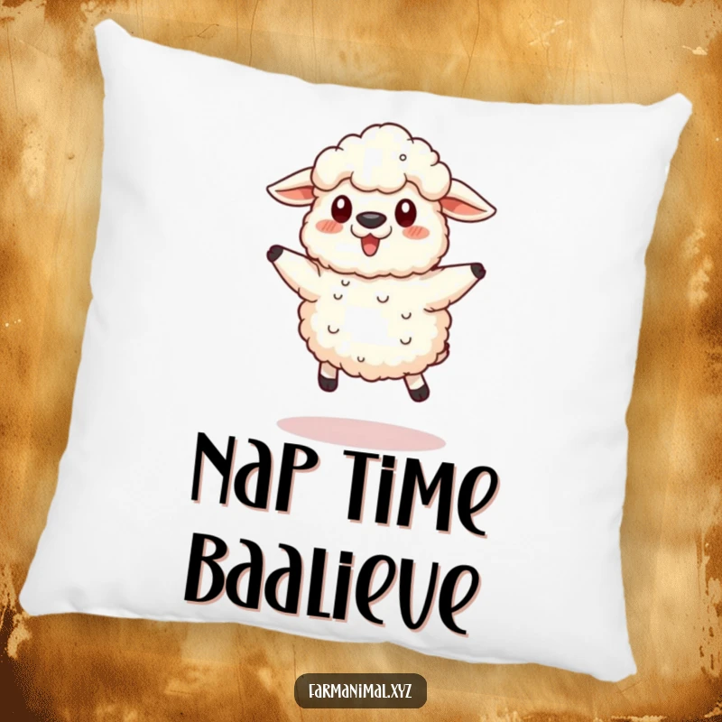 Funny Sheep Pillow showcasing a fluffy sheep in a cute jump, offering decorative comfort and a touch of humorous farm life.