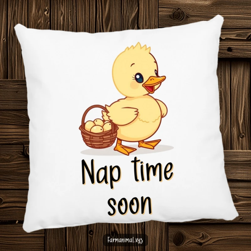 Funny Duckling Pillow depicting a proud duckling carrying a basket of tiny eggs, a soft and charming decorative accent for any home.