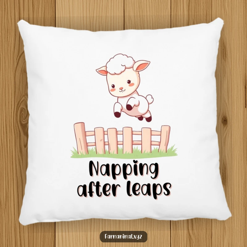 Funny Lamb Pillow featuring a soft, plush lamb captured mid-leap over a fence, offering comfort and a touch of playful fun.