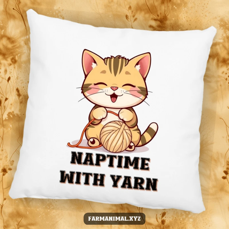 Funny Barn Cat Pillow with a playful cat batting a ball of yarn, soft and full of charm.