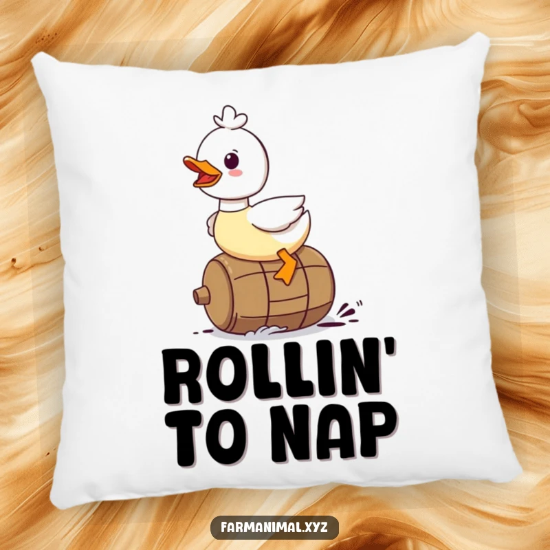 Funny Duck Pillow: A duck character gleefully riding on a rolling barrel, offering soft, humorous comfort.