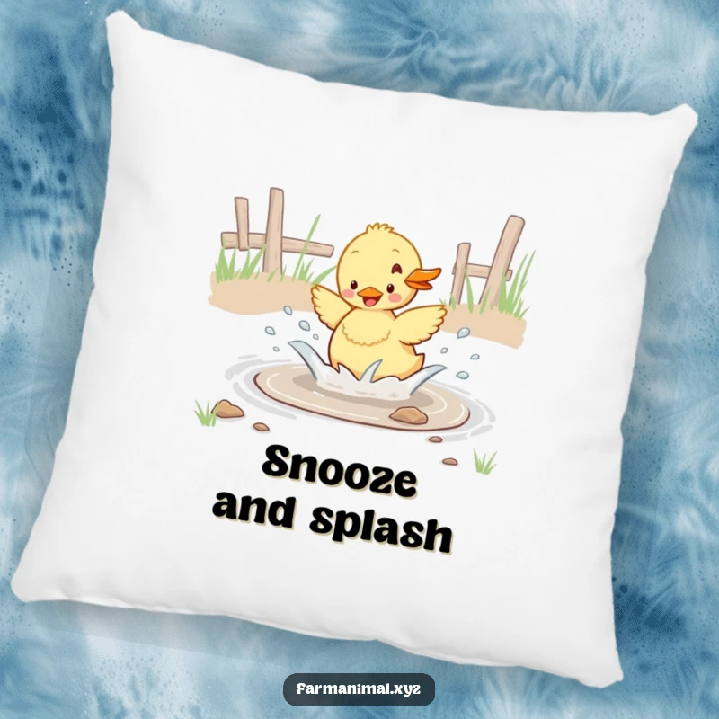 Funny duckling enthusiastically splashing in a barnyard puddle, a soft humorous pillow for decorative comfort.