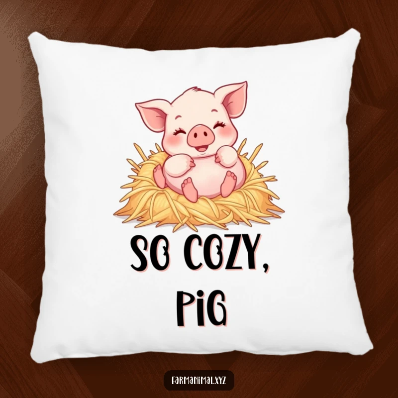 Funny piglet joyfully rolling in a pile of soft straw, a soft humorous pillow for decorative comfort.