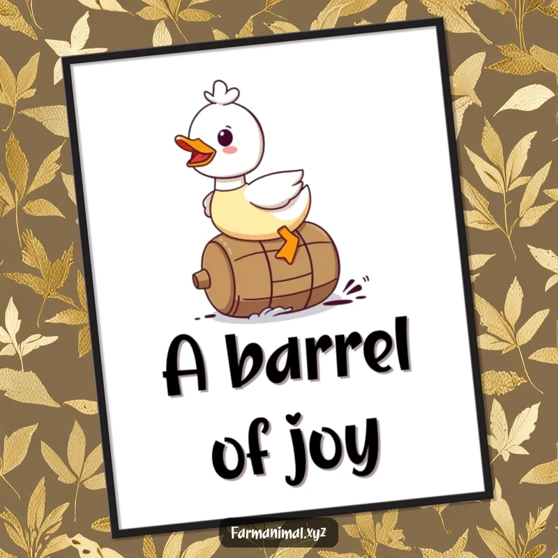 Funny Duck Digital Art Print: A duck character gleefully riding on a rolling barrel, embodying pure excitement.