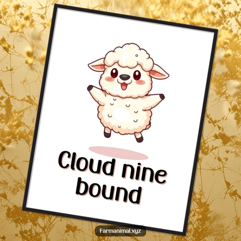 Funny Sheep Jump Digital Art Print, featuring a fluffy sheep mid-leap, perfect for humorous wall decor with a farm theme.