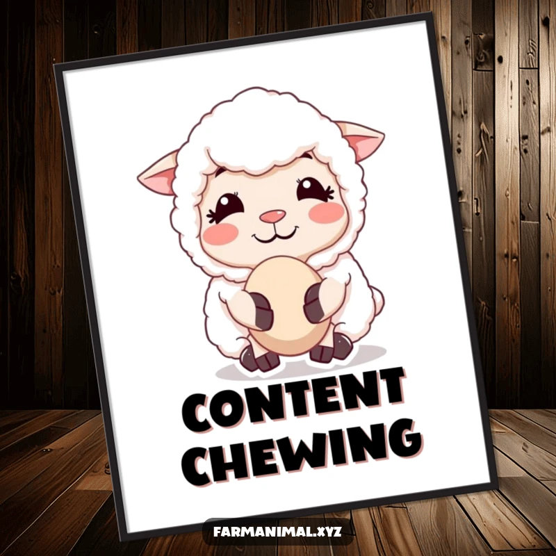 Funny Sheep Chewing Cud Digital Art Print, a high-resolution image of a sheep's peaceful chew and smile, symbolizing tranquil farm energy and humor.