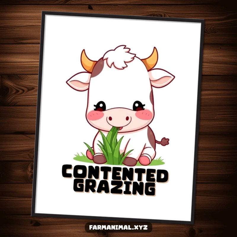 Funny happy cow munching contentedly on grass, a digital art print radiating humor and farm animal peace.