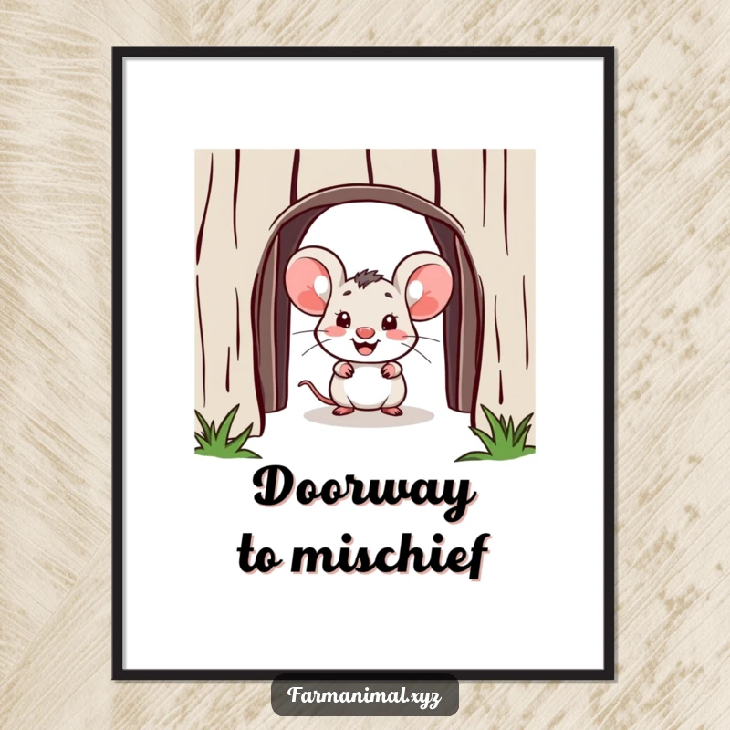 Funny mouse digital art, a cheerful mouse peeking from a barn doorway, humorous illustration for instant download, wall art gift.