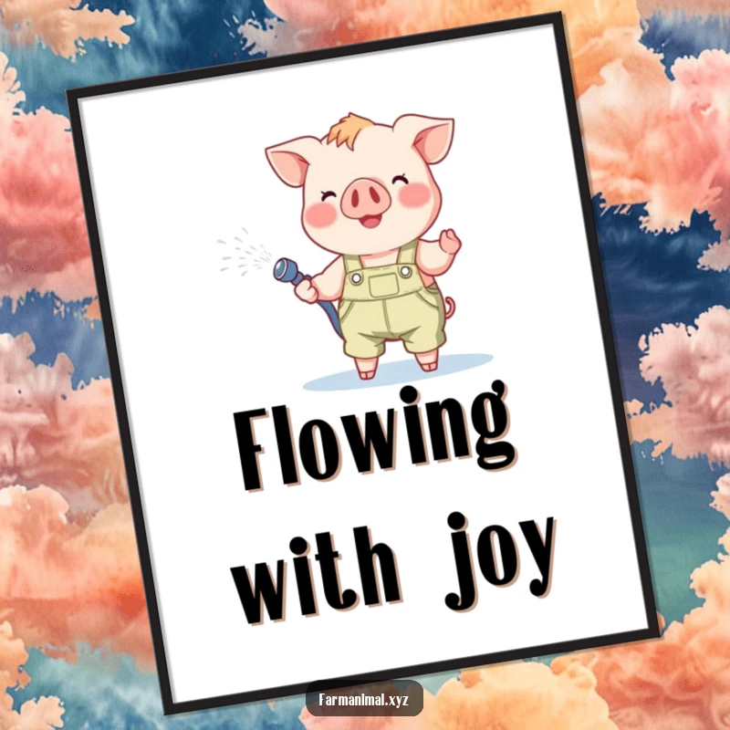 Funny Piglet Digital Art Print: A cheerful piglet in overalls joyfully spraying water from a hose, capturing outdoor fun.