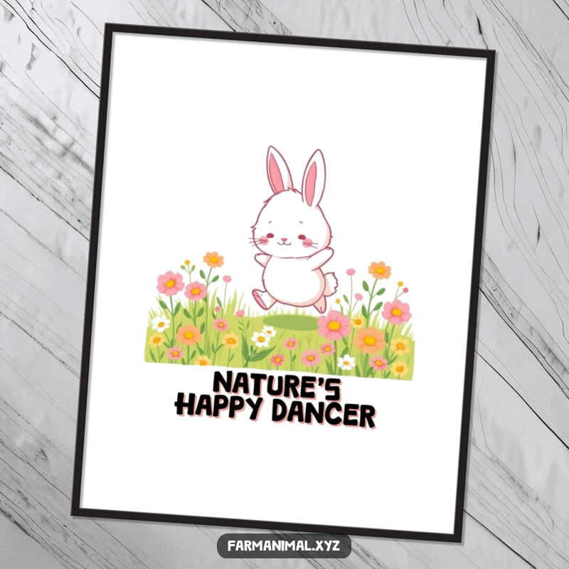 Funny bunny digital art print of a fluffy bunny character hopping through a wildflower field, perfect for spring and nature decor.