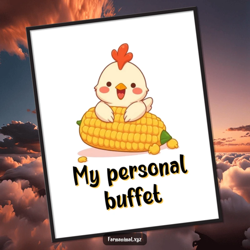Funny digital art print of a cheerful chicken pecking at a giant corn cob, full of farm fun.