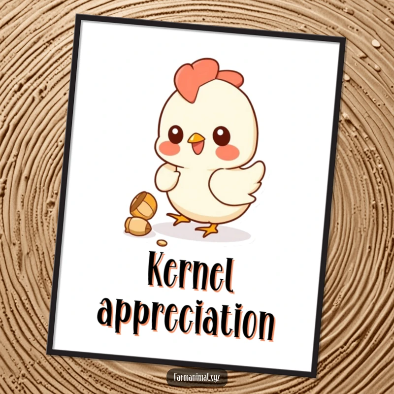 Funny chicken digital art print of a smiling hen pecking a kernel, a whimsical and humorous piece for vibrant wall decor.