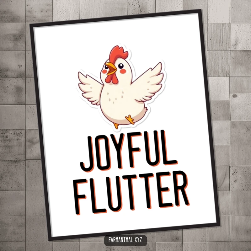 Funny Chicken Digital Art Print: An excited chicken flaps its wings with pure joy, creating a dynamic and cheerful farm scene.