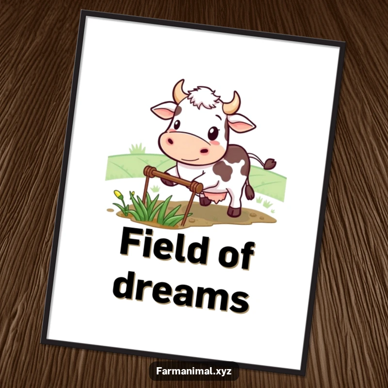 Funny cow digital art print of a determined smiling character plowing a small field, perfect for instant download of humorous farm motivation.