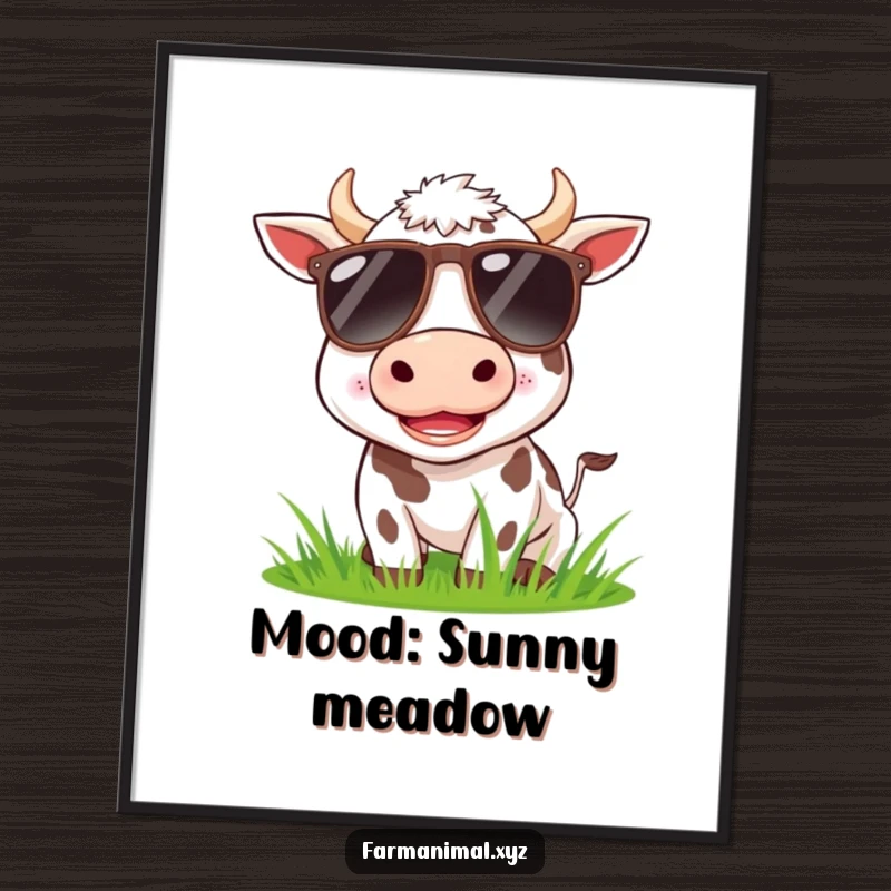 Funny cow wearing sunglasses, happily munching grass, as a downloadable digital art print.