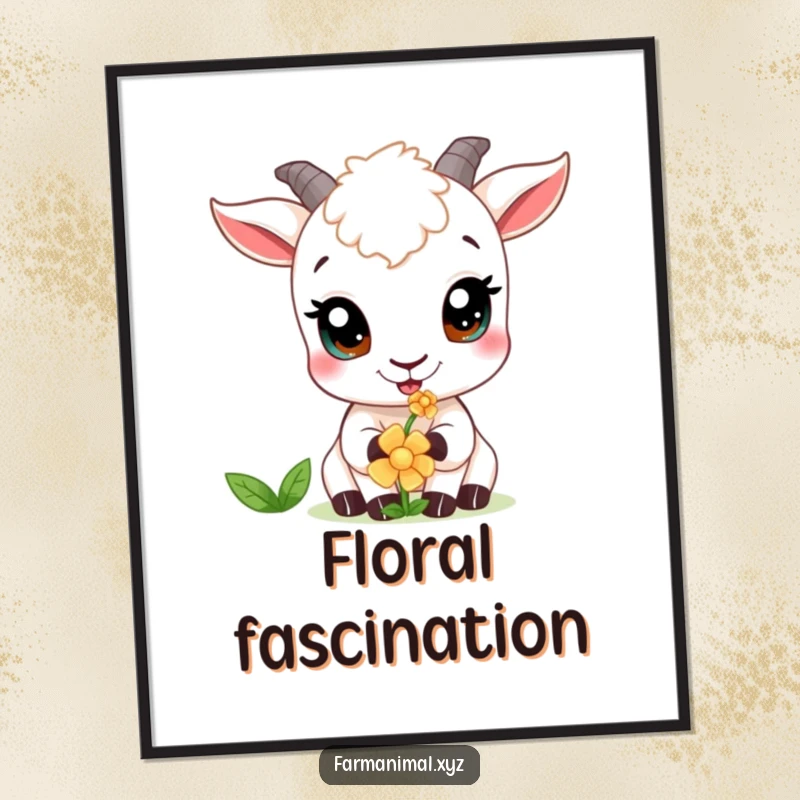 Funny goat digital art print of a curious goat with wide eyes, nibbling a flower, ready for download.