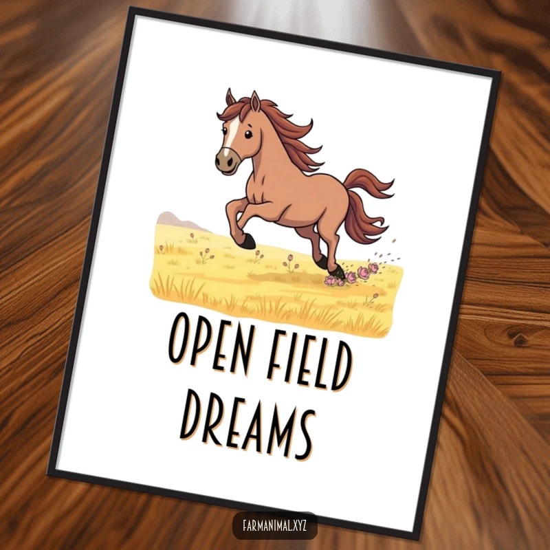 Funny Digital Art Print of a determined horse in full gallop across a field, embodying freedom, power, and the untamed spirit of nature.