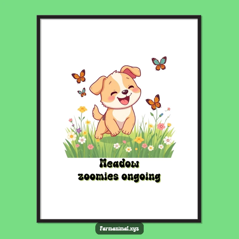 Funny Dog Butterfly Chase Digital Art, Happy Meadow Print, Instant Funny Gift