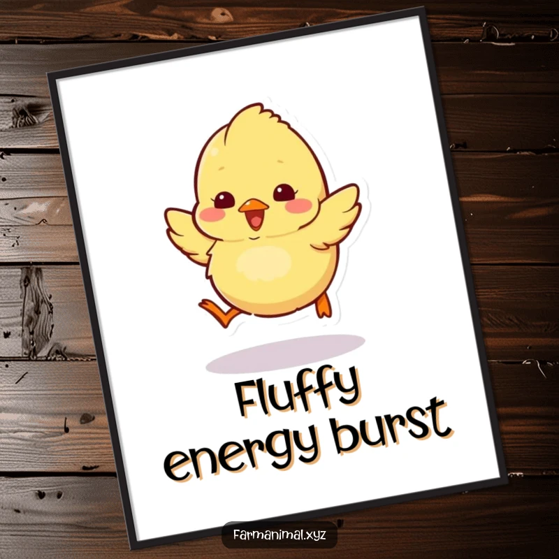 Funny chick digital art print of a fluffy chick hopping excitedly, ready for instant download and display.