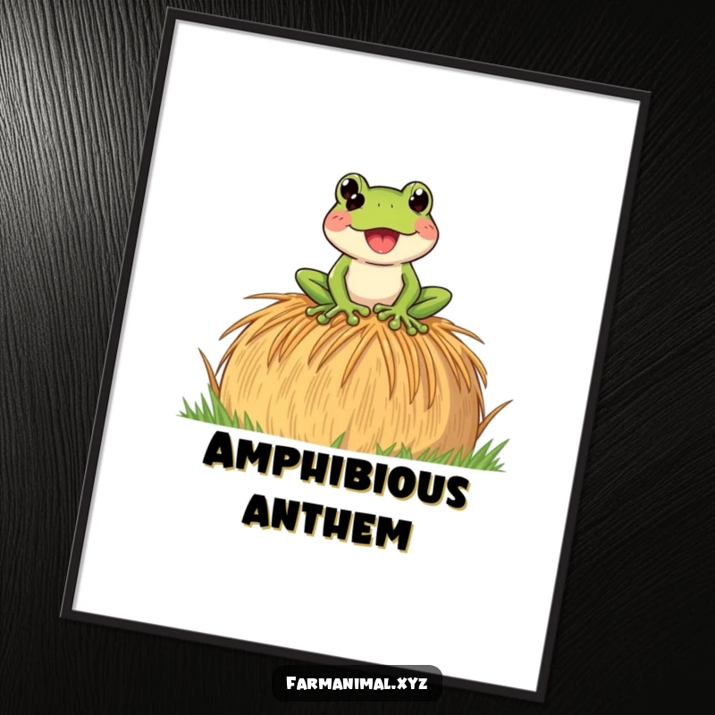Funny Frog Croak Digital Art Print, featuring a frog loudly croaking on a hay bale, perfect for humorous wall decor.