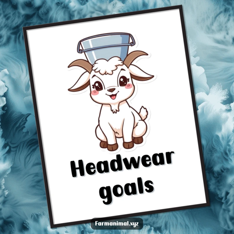 Funny goat character balancing a bucket on its head, a digital art file for printing. Instantly adds quirky charm.