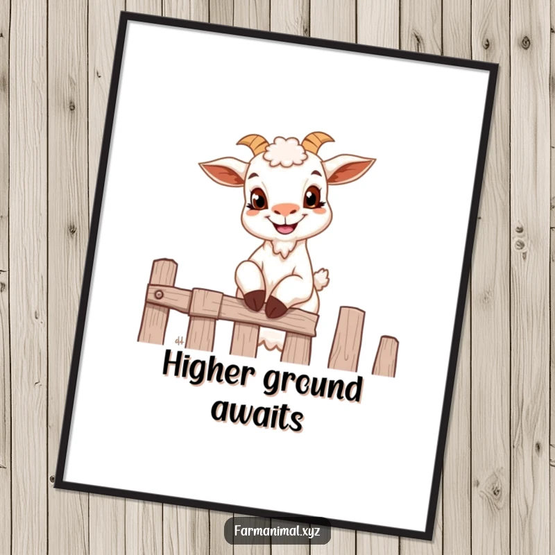Funny goat digital art print of a small goat with a mischievous grin attempting to climb a fence.
