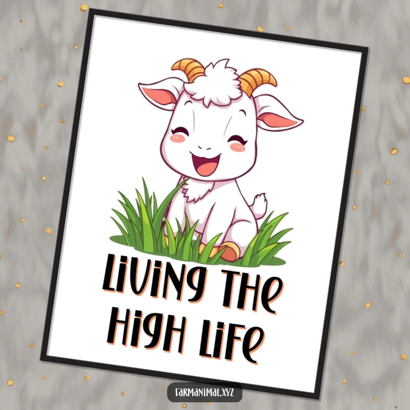 Funny goat digital art print of a joyful goat character happily munching grass with a bright smile, perfect for farm animal decor.