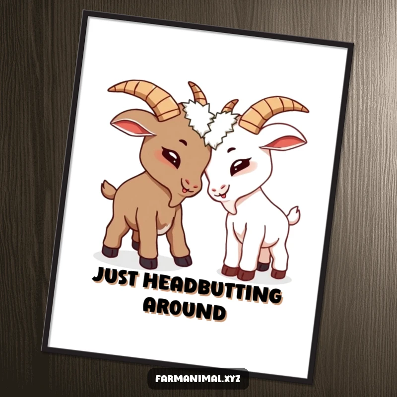 Funny goats playfully butting heads in a digital art print, a high-resolution, humorous piece.