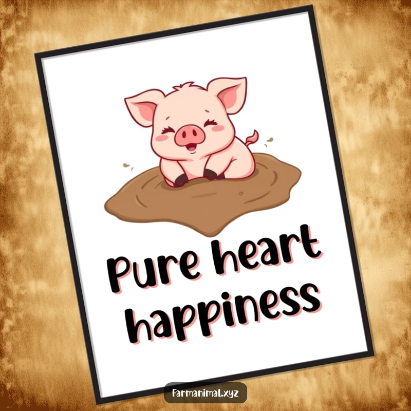Funny digital art print of a happy pig rolling in a heart-shaped mud puddle, full of joy.