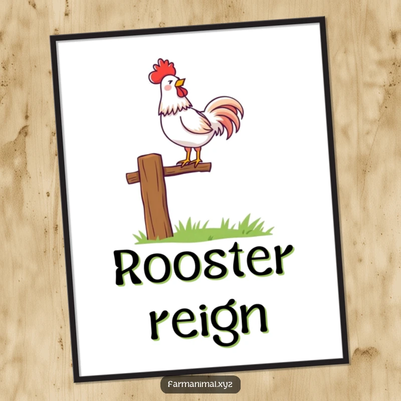 Funny rooster character proudly crowing atop a fence post, a digital art file for printing. Instantly adds morning cheer.