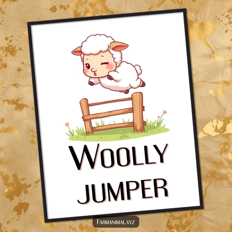 Funny sheep digital art print of a determined sheep leaping over a fence, a whimsical and humorous piece for dynamic wall decor.